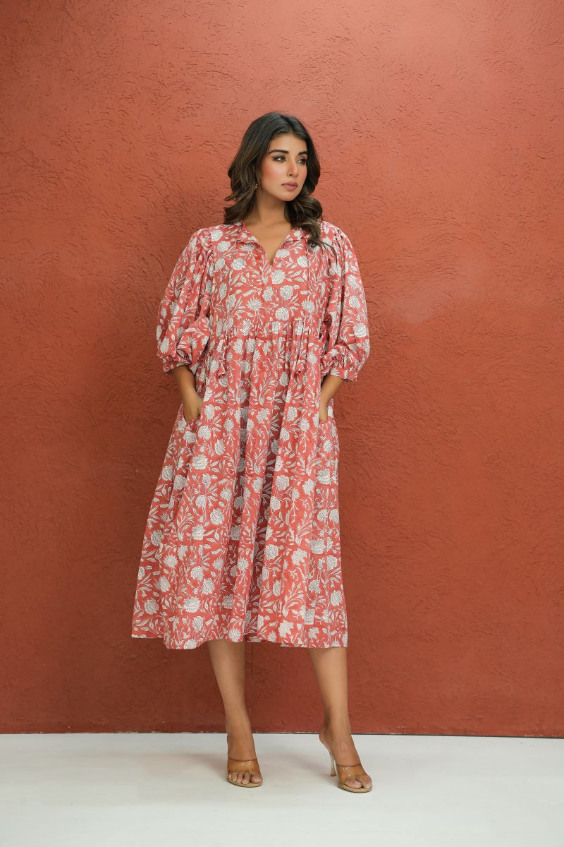 Zoya Block Print Dress Rust