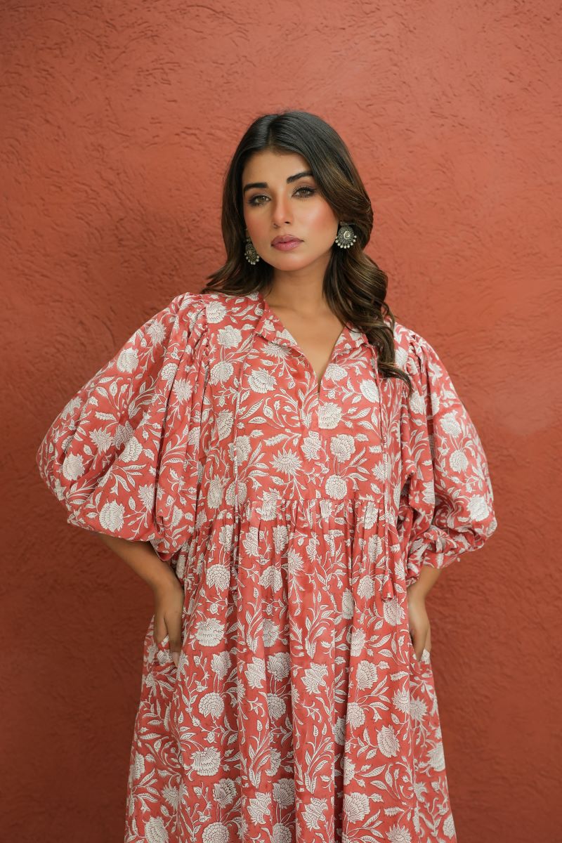 Zoya Block Print Dress Rust