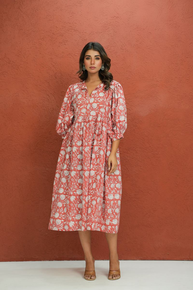 Zoya Block Print Dress Rust