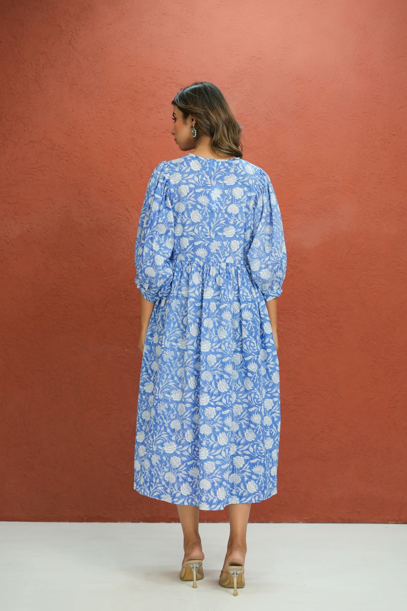 Zoya Block Print Dress Blue