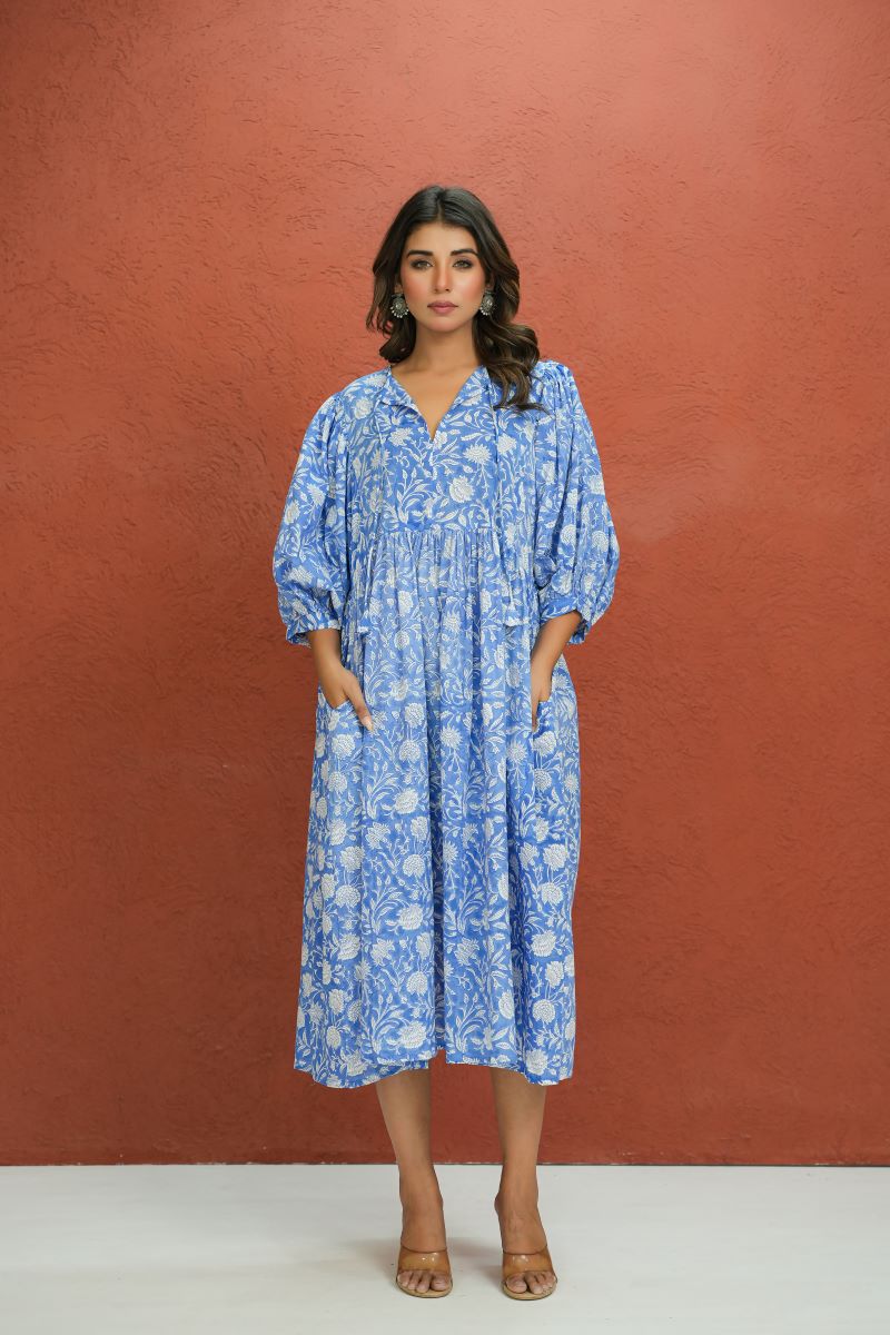 Zoya Block Print Dress Blue