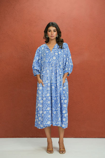 Zoya Block Print Dress Blue